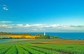 The view of Table Cape with off season tulip farm, Table Cape Lighthouse and the sea of Bass Strait in Tasmania, Australia.