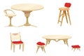 Table and chair. Home wooden furniture. Bar stool. Armchair with pillow. Room or terrace furnishing. Dining desk