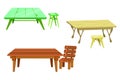 Table and chair. Home wooden furniture. Garden terrace furnishing. Dining desk. Yard stool. Patio comfortable armchair