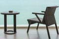 Table and chair with outdoor balcony and sea .The chair and table on balcony sea view. Chair with table set on balcony hotel room Royalty Free Stock Photo