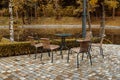 Table and chairs in the autumn park. Street cafe without visitors Royalty Free Stock Photo