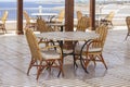 Table and chairs in beach cafe next to the red sea in Sharm el Sheikh, Egypt Royalty Free Stock Photo