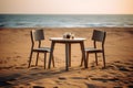 A table and chairs on the beach at sunset, created by Generative AI Royalty Free Stock Photo