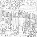 Table and chairs in the garden.Coloring book antistress for children and adults. Illustration isolated on white