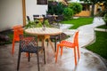 Table and chairs in the garden Royalty Free Stock Photo