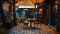 A table and chairs outside of a restaurant with leaves on the ground Royalty Free Stock Photo