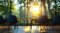 Table And Chairs Overlook Forest, Focus On Natural Light And Environment Theme Royalty Free Stock Photo