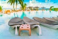 Table and chairs at restaurant in tropical Maldives island . Royalty Free Stock Photo