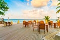 Table and chairs at restaurant in tropical Maldives island . Royalty Free Stock Photo