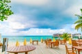 Table and chairs at restaurant in tropical Maldives island . Royalty Free Stock Photo