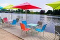 Table and chairs on river coast of vichy city in France