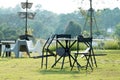 Table and chairs standing on a lawn at the garden Royalty Free Stock Photo