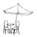 Table and chairs under sun umbrella. Vector illustration