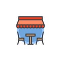 Table and chairs under umbrella filled outline icon