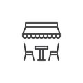 Table and chairs under umbrella outline icon