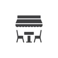 Table and chairs under umbrella vector icon.