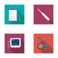 Table for checking eyesight, electronic thermometer, ECG device. Medicine set collection icons in flat style vector