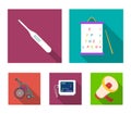 Table for checking eyesight, electronic thermometer, ECG device. Medicine set collection icons in flat style vector