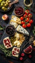 A table with cheese, fruit and nuts on it next to a glass of wine, AI Royalty Free Stock Photo