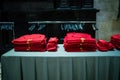 Red vestments ready for use by the priests in the Duomo di Milano.