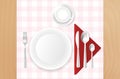 Table, cloth, plate, cup and stainless cutlery Royalty Free Stock Photo