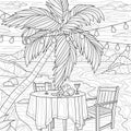 Table with cocktails near the palm tree. Sunset by the sea.Romantic dinner.Coloring book antistress for children and Royalty Free Stock Photo