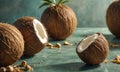 A table with coconuts on it, one of which has been cut open. Royalty Free Stock Photo