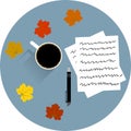 Table with a Cup of Coffee Papers Pen and Maple Leaves Royalty Free Stock Photo