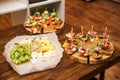 Table of cold party appetizers, set of cheese slices with grapes and cheese, two boards of cottage cheese tapas with salmon