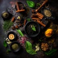A Table with Colorful Bowls Filled with Various Spices. A table topped with bowls filled with different types of spices Royalty Free Stock Photo