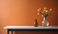 Table with colorful tulips in glass vase against orange wall. Interior background with copy space. Created with generative AI Royalty Free Stock Photo