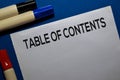 Table of Contents write on document isolated blue background