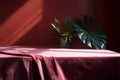 Table countertop rose pink velvet tablecloth in sunlight, AI generated