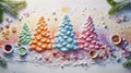 a table covered in a blanket of flour, resembling a snowy landscape, Illustrate an attractive Christmas tree