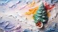 a table covered in a blanket of flour, resembling a snowy landscape, Illustrate an attractive Christmas tree