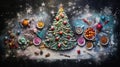 a table covered in a blanket of flour, resembling a snowy landscape, Illustrate an attractive Christmas tree