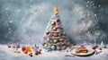 a table covered in a blanket of flour, resembling a snowy landscape, Illustrate an attractive Christmas tree