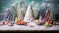 a table covered in a blanket of flour, resembling a snowy landscape, Illustrate an attractive Christmas tree