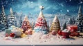 a table covered in a blanket of flour, resembling a snowy landscape, Illustrate an attractive Christmas tree