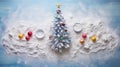 a table covered in a blanket of flour, resembling a snowy landscape, Illustrate an attractive Christmas tree