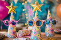 A table covered with colorful party hats and glasses, creating a festive atmosphere for a celebration, Celebratory birthday scene Royalty Free Stock Photo