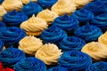 Table covered with cupcakes with blue and white cream toppings