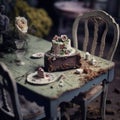 table covered in half - rotted wedding food and cake, covered in dust