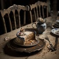 table covered in half - rotted wedding food and cake, covered in dust