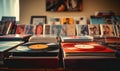 Table Covered With Many Records on a Wooden Surface