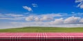 Table covered with red tablecloth on blue sky background, copy space. 3d illustration Royalty Free Stock Photo