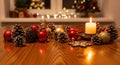 A table is covered with red and gold ornaments and a candle Royalty Free Stock Photo