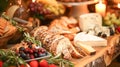 A table is covered with a variety of food, including bread, cheese, fruit