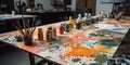 A table covered in vibrant paint splatters and brushes, indicating a couples painting class in progress at an art studio