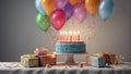 on table covered with a white tablecloth, gifts, a cake with blue cream and candles, balloons